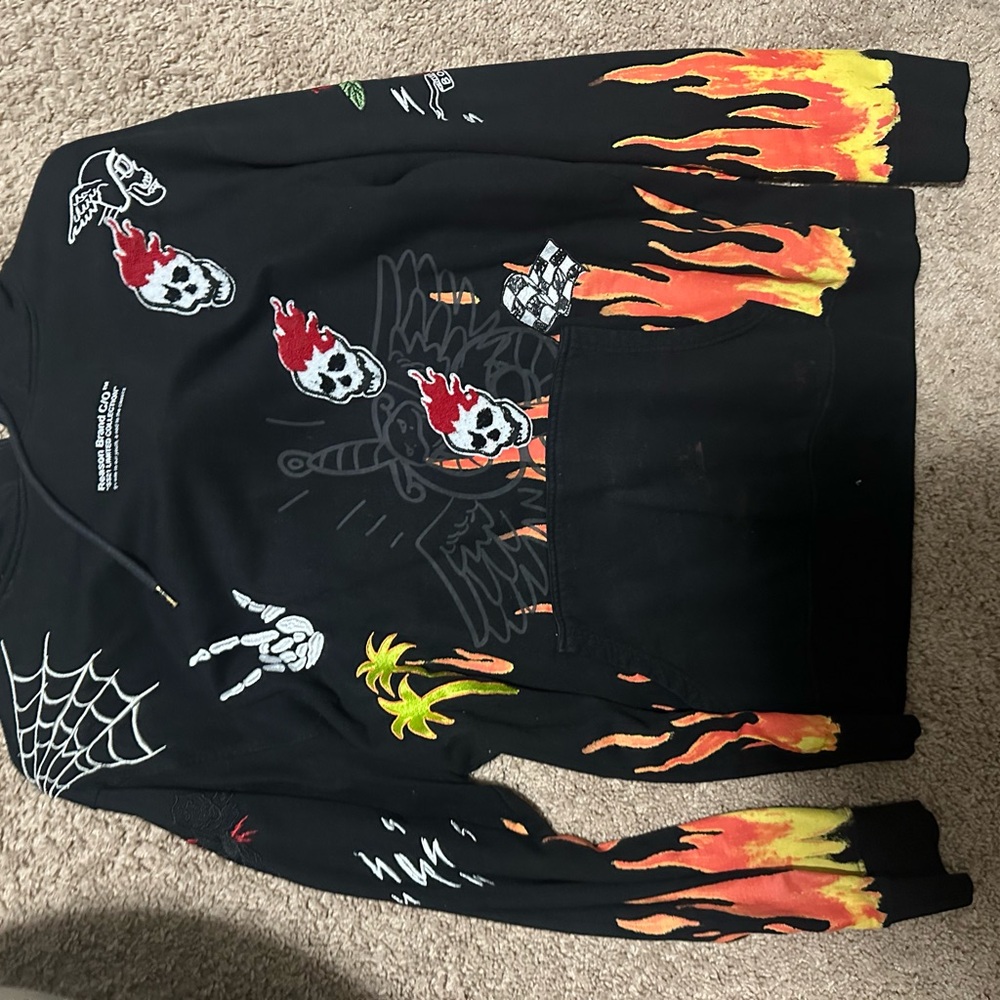 Black Graphic Hoodie with Flame and Skull Design